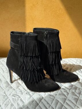 Via Spiga Black Suede Fringe Ankle Boots